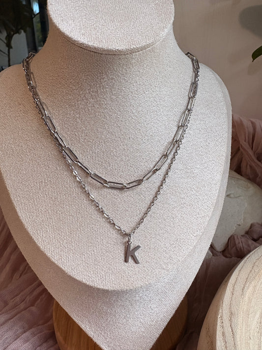 Silver Paperclip & Initial Necklace Set