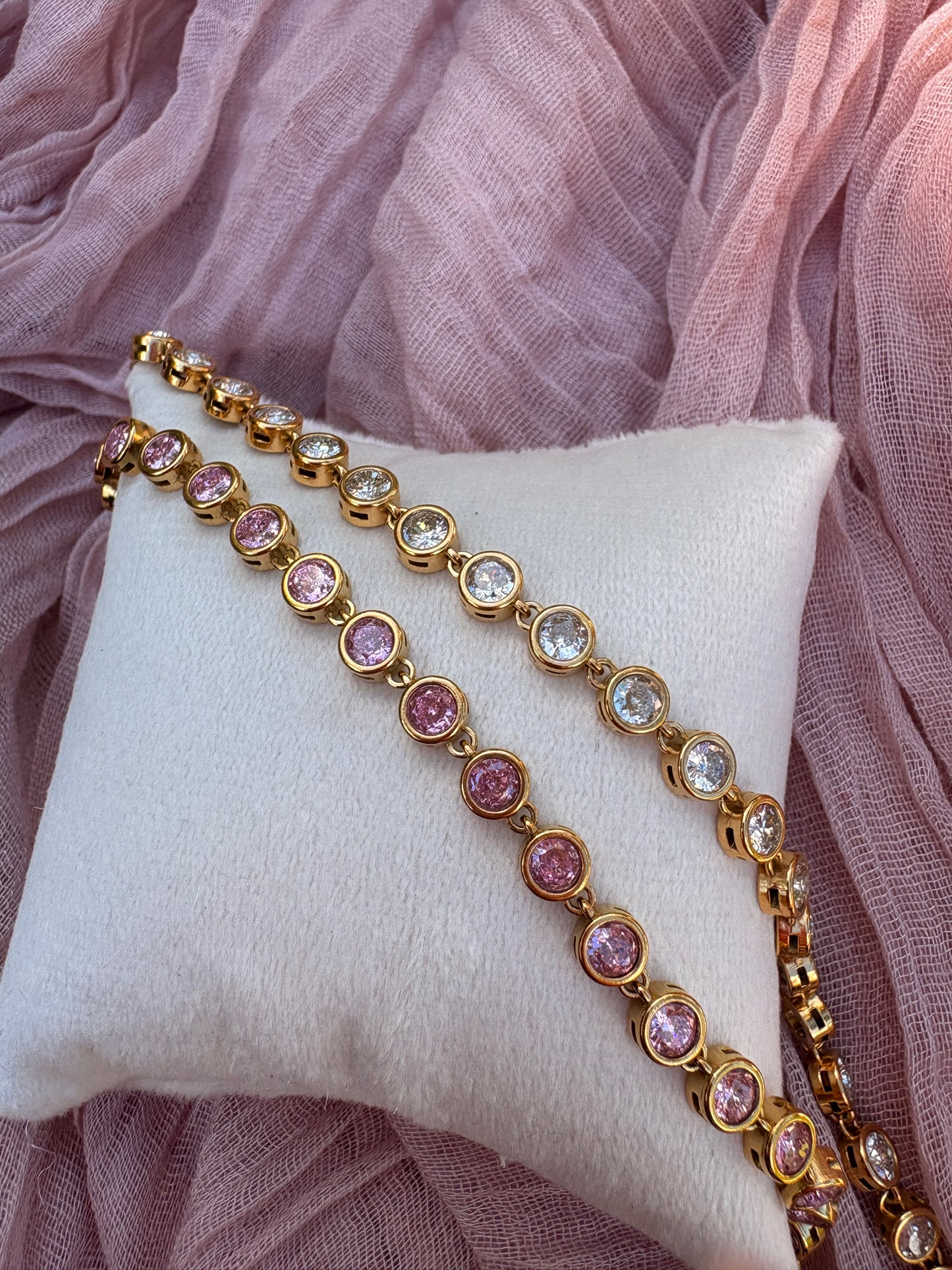 Round Bezel Tennis Bracelet- Pink or White