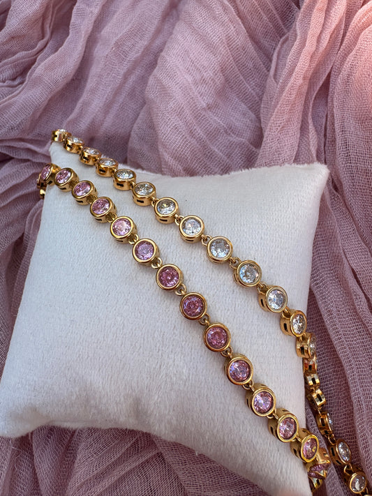 Round Bezel Tennis Bracelet- Pink or White