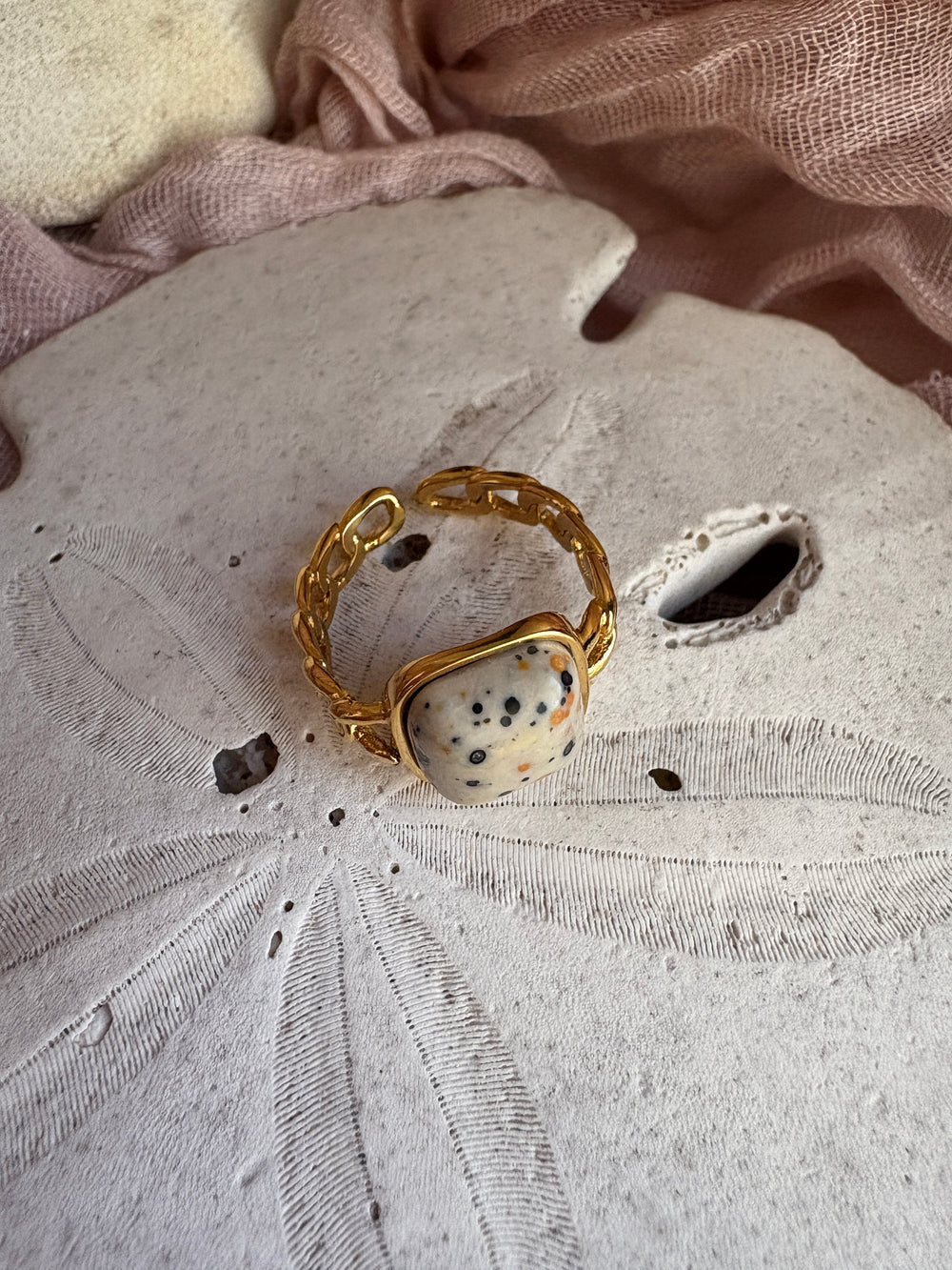Adjustable Dalmatian Jasper Chain Ring - Sky’s Gem Box