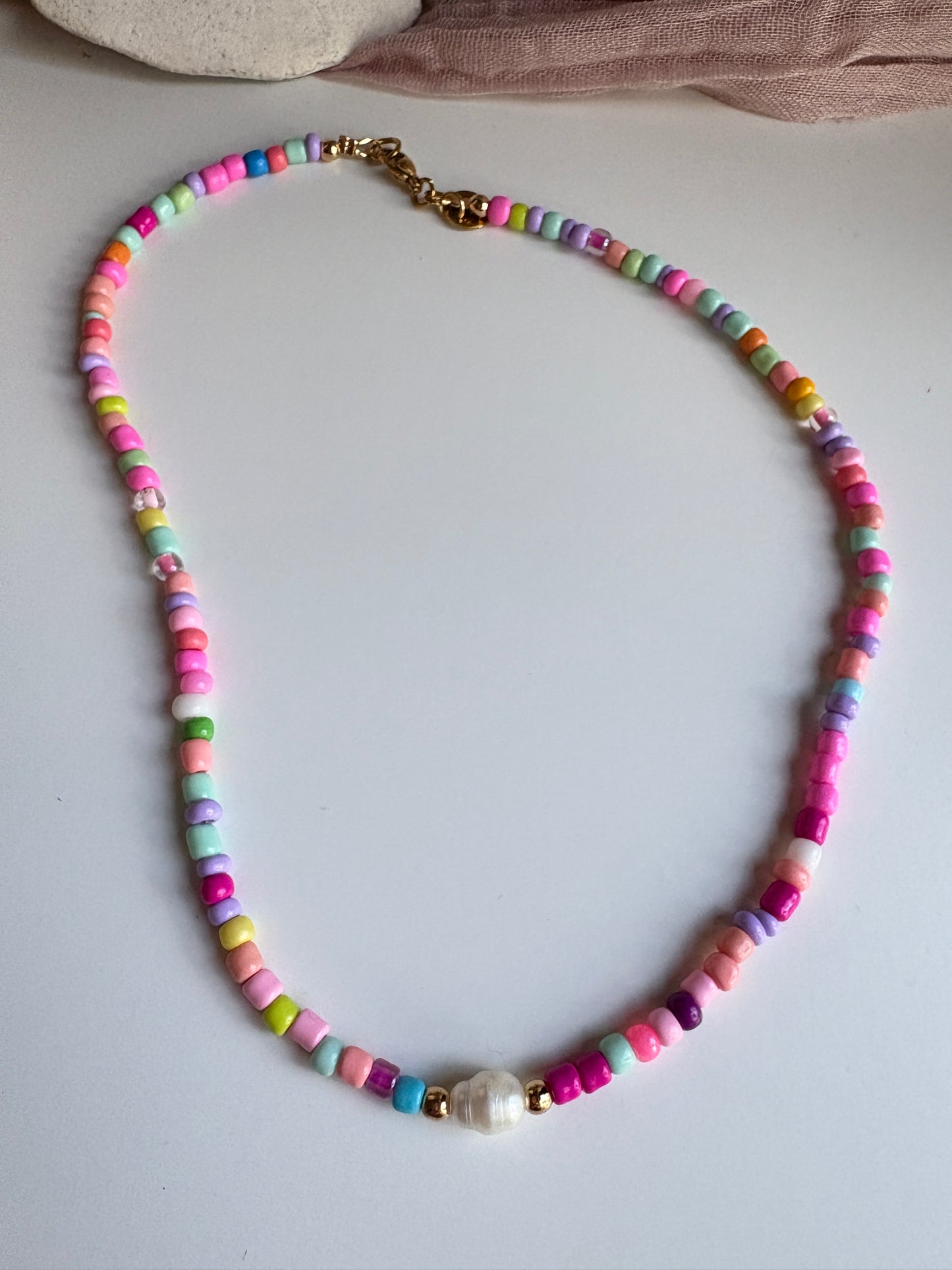 Colorful Seed Bead with Pearl Necklace