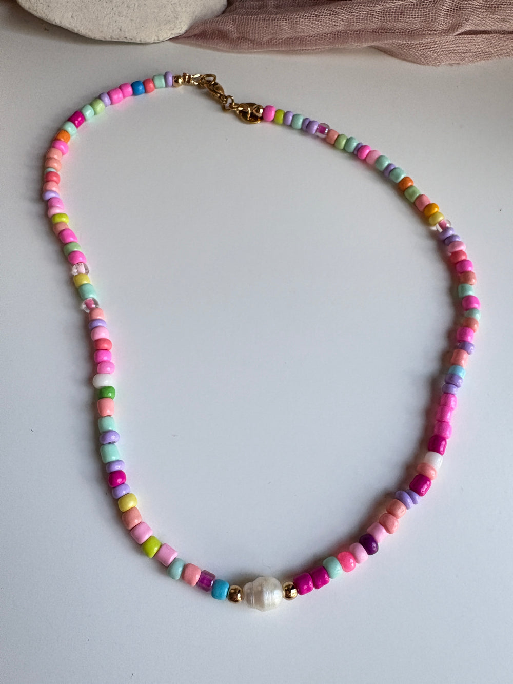 Colorful Seed Bead with Pearl Necklace - Sky’s Gem Box