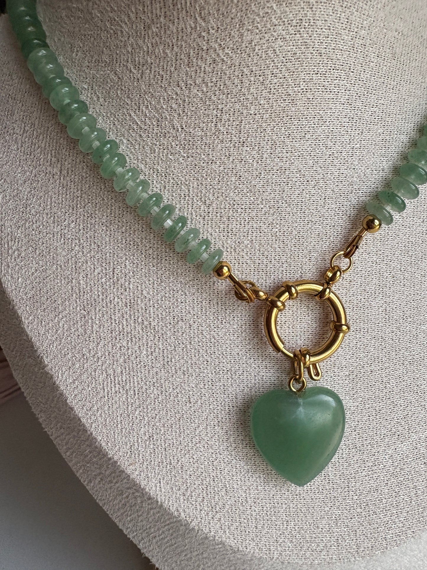 Green Flat Agate Beads with Heart pendant
