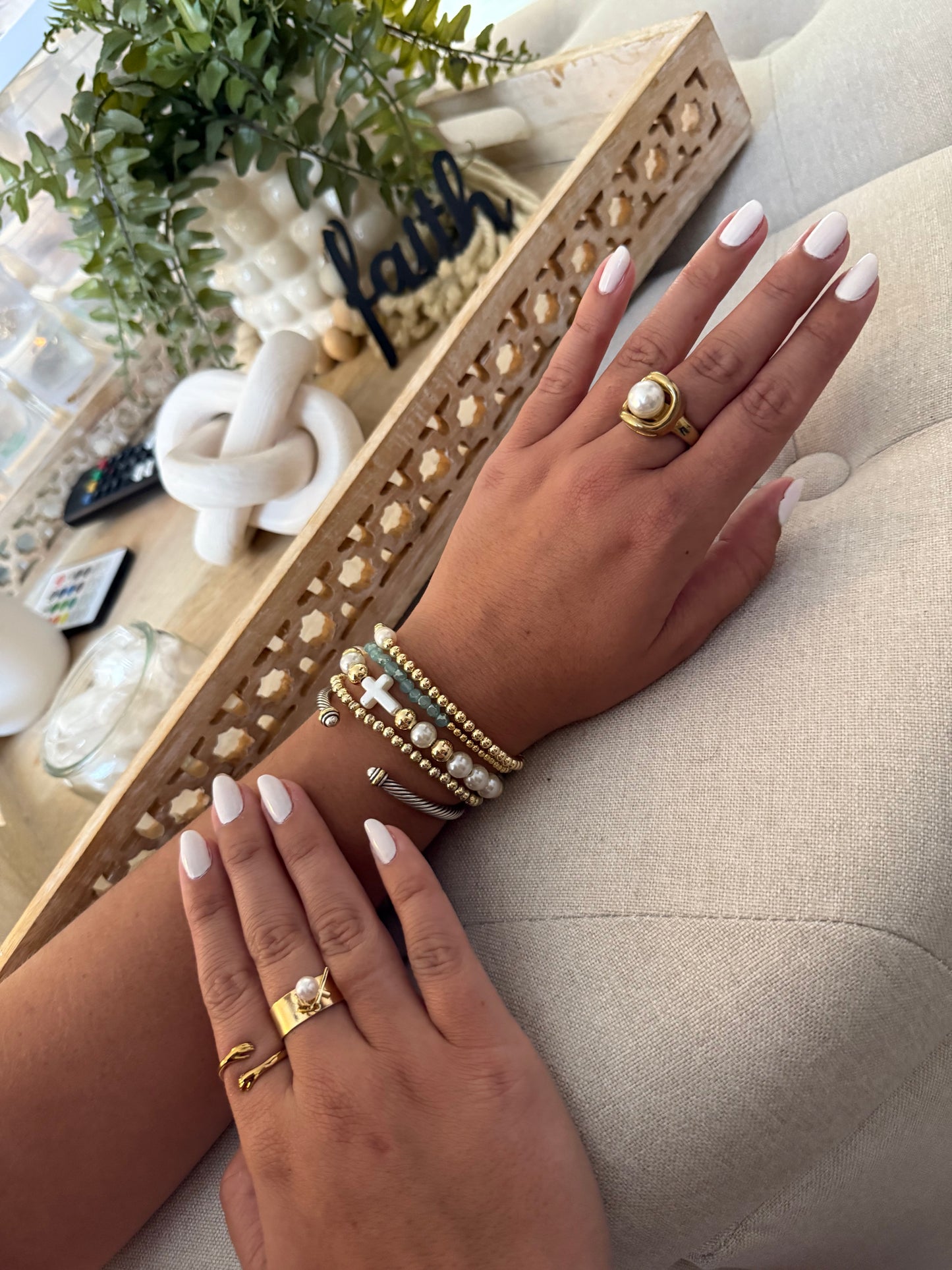 Pearl and Gold Cross Adjustable Bracelet