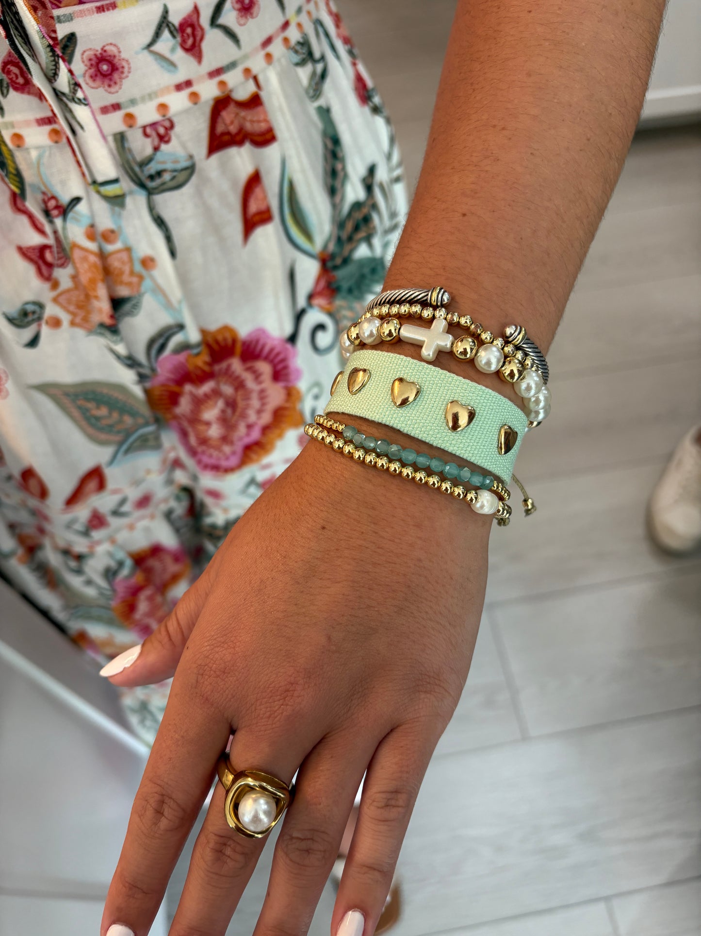 Pearl and Gold Cross Adjustable Bracelet