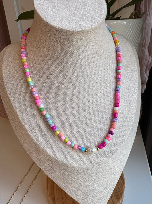 Colorful Seed Bead with Pearl Necklace