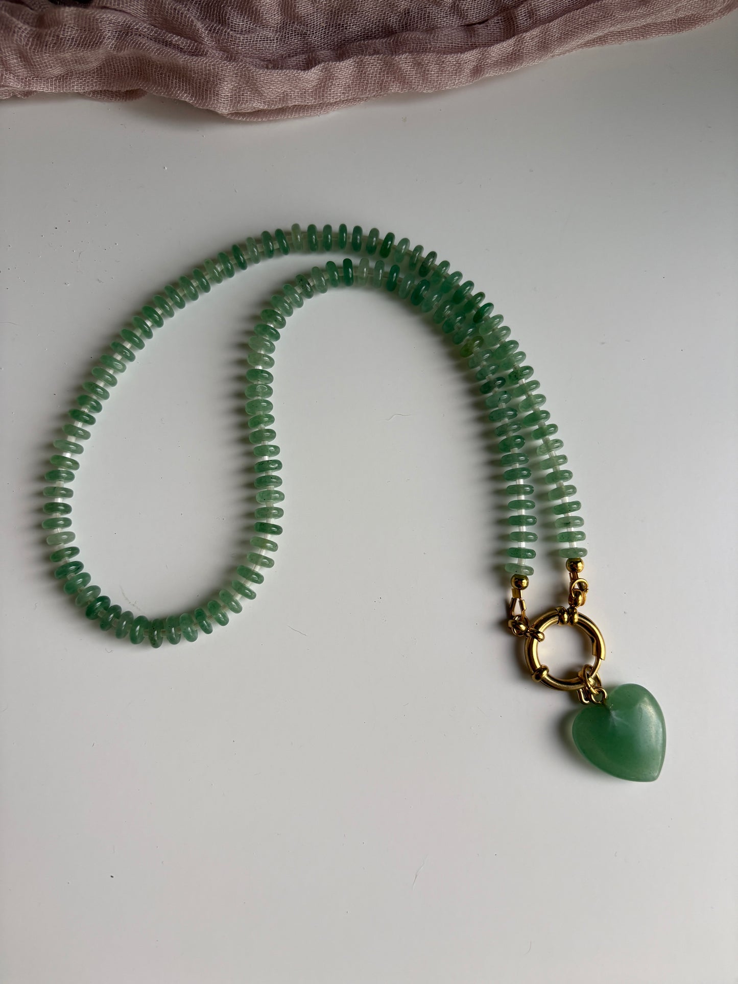 Green Flat Agate Beads with Heart pendant