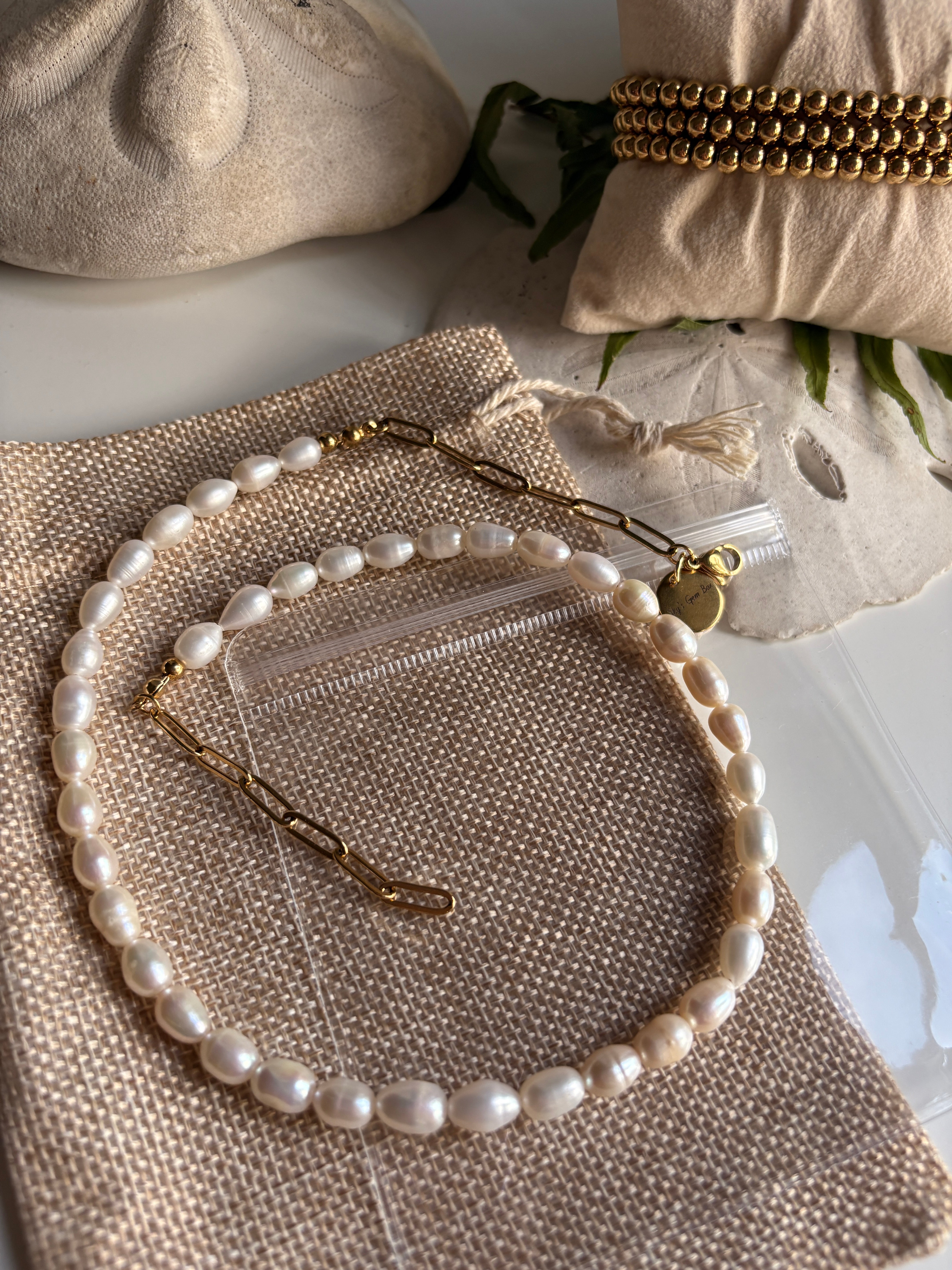 Pearl Necklace with Gold Paperclip Chain