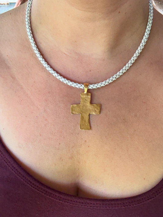 Pewter Cross on Chunky white Leather Cord