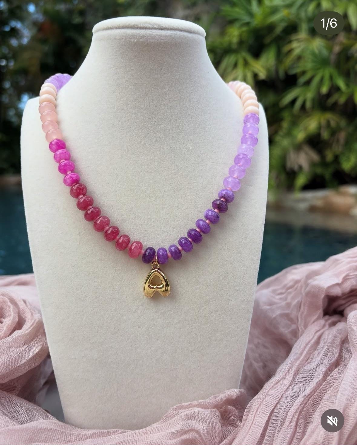 Pink and Purple Ombre Beaded Necklace with Initial Charm