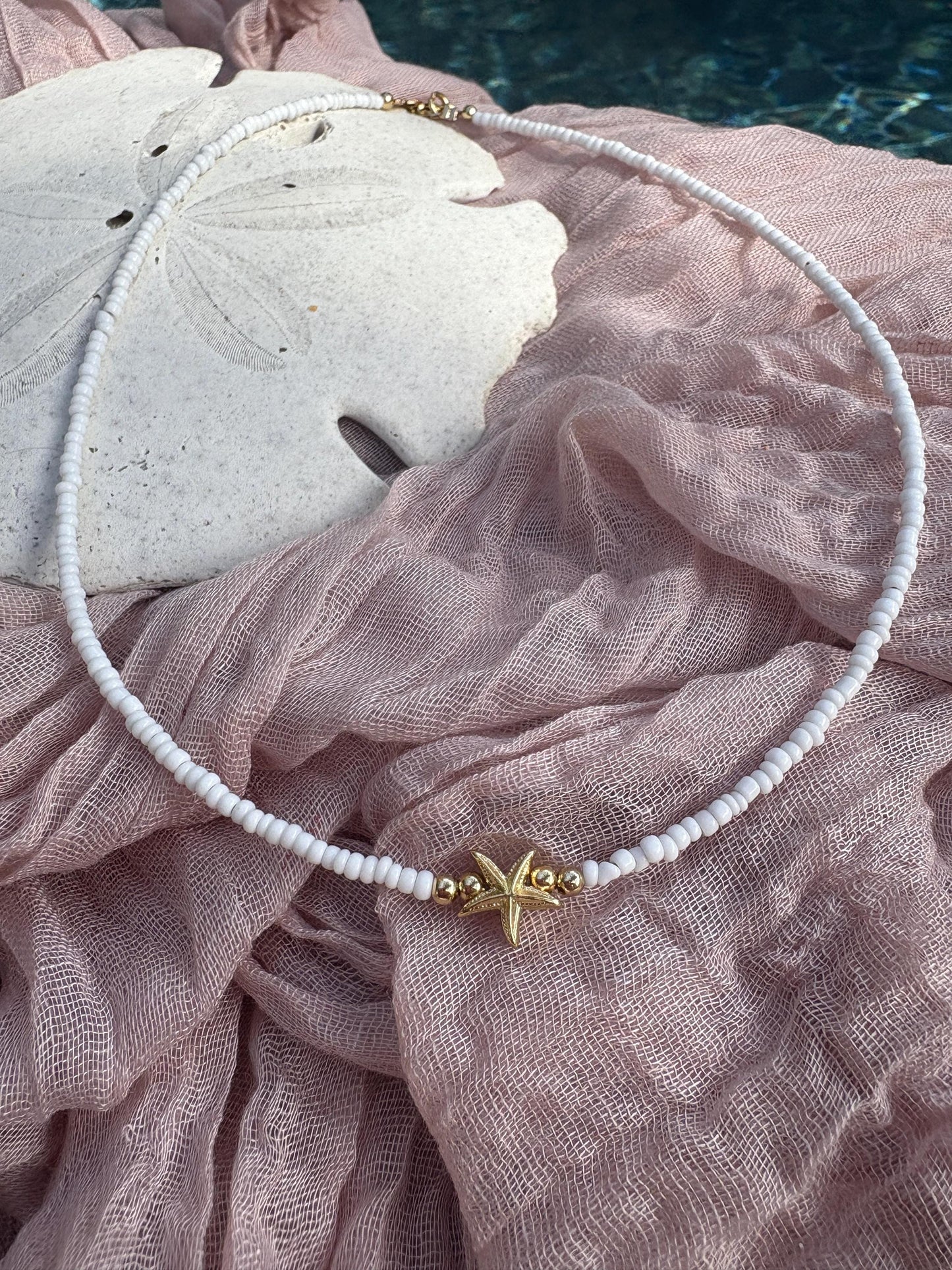 White seed bead seashell choker