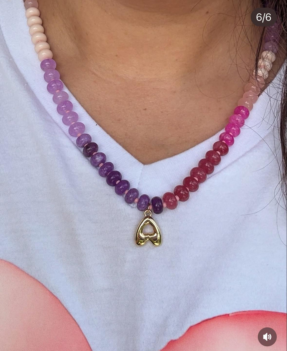 Pink and Purple Ombre Beaded Necklace with Initial Charm - Sky’s Gem Box