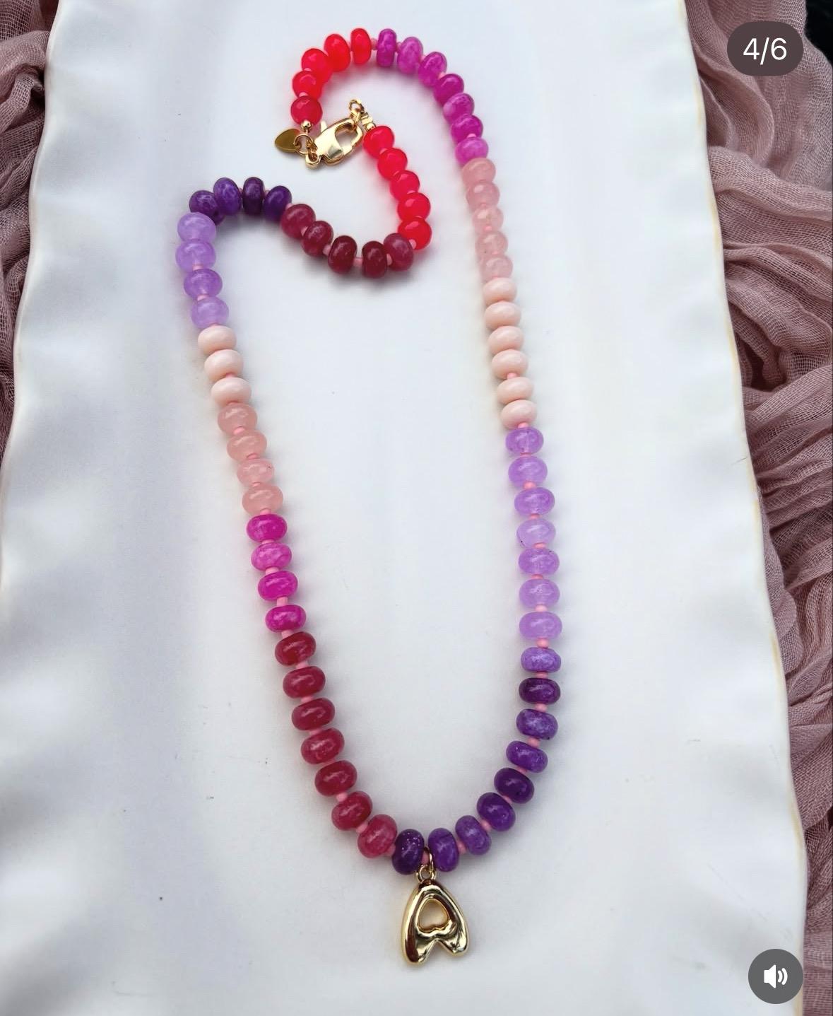 Pink and Purple Ombre Beaded Necklace with Initial Charm