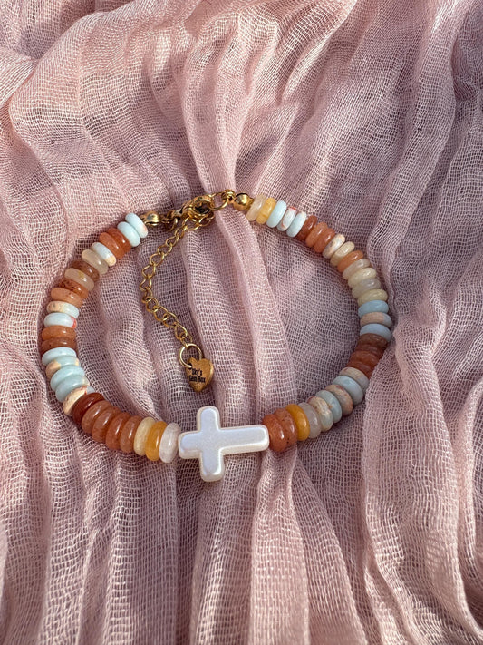 Agate Gemstone Bracelet with White Cross