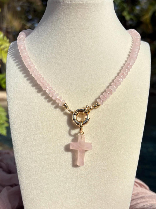 Pink Agate Necklace with Cross Pendant
